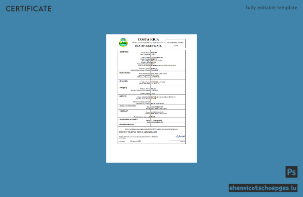 Costa Rica Personenstandsurkunde Sterbeurkunde Word- und PDF-Beispielvorschau